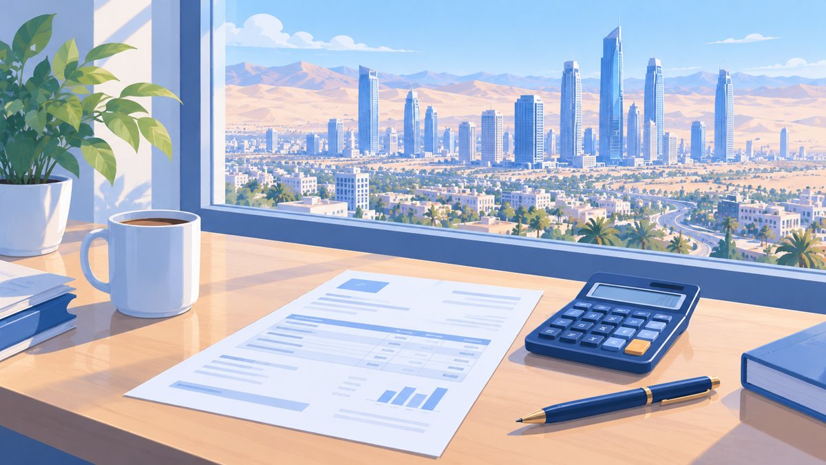 A bill and a calculator on a desk by a window overlooking a desert city
