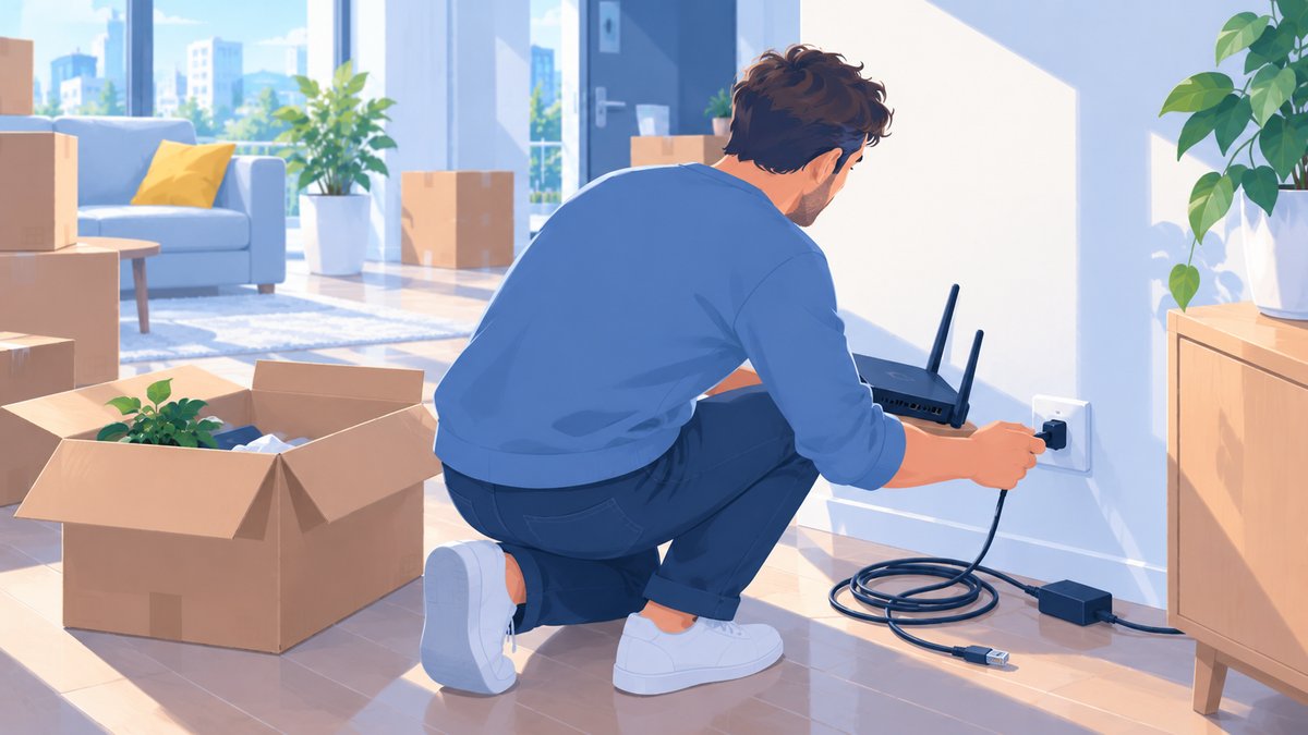 A person unplugging a router from the wall, an open moving box beside them