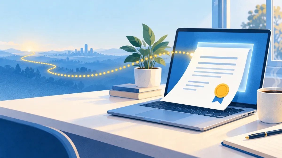 A certificate with a gold seal slides out of a laptop screen; a dotted line arrives from the distant horizon