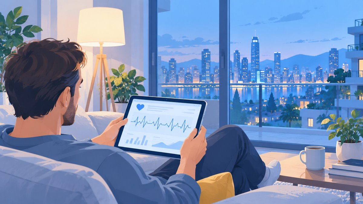 A man on a sofa viewing a medical chart on a tablet, an evening city outside the window