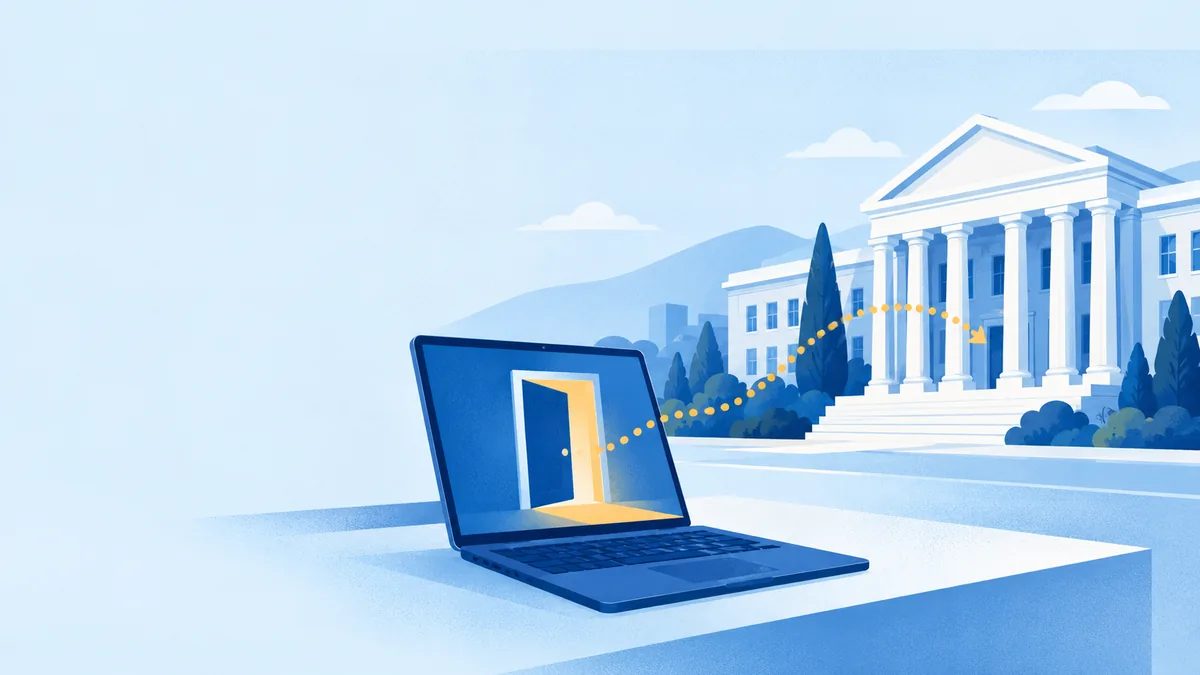 A laptop screen shows an open door, and a dotted line leads from it to a public building with columns