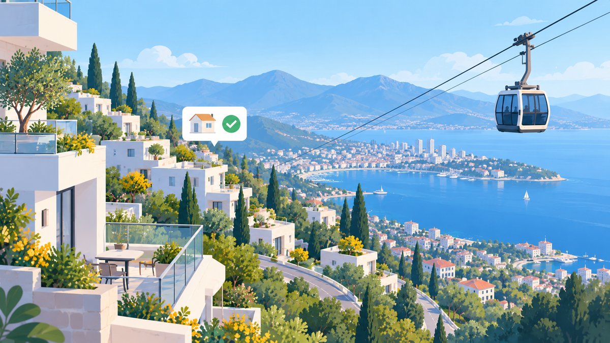 Houses on a mountain slope above the bay, a cable car and a card with a check mark
