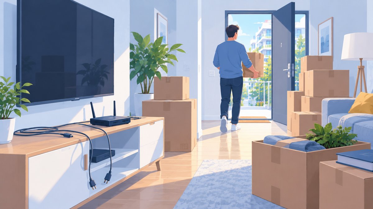 Moving out: a person carrying a box, unplugged TV and router cables on a cabinet
