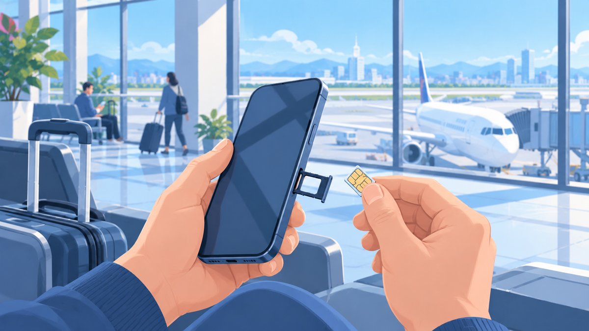 A hand holding a phone with the SIM tray out in an airport departure lounge