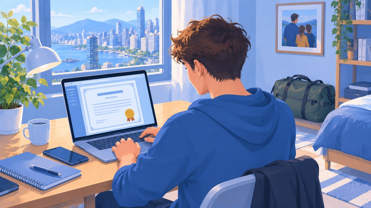 A young man at a laptop showing a certificate with a seal, a military duffel bag in the corner