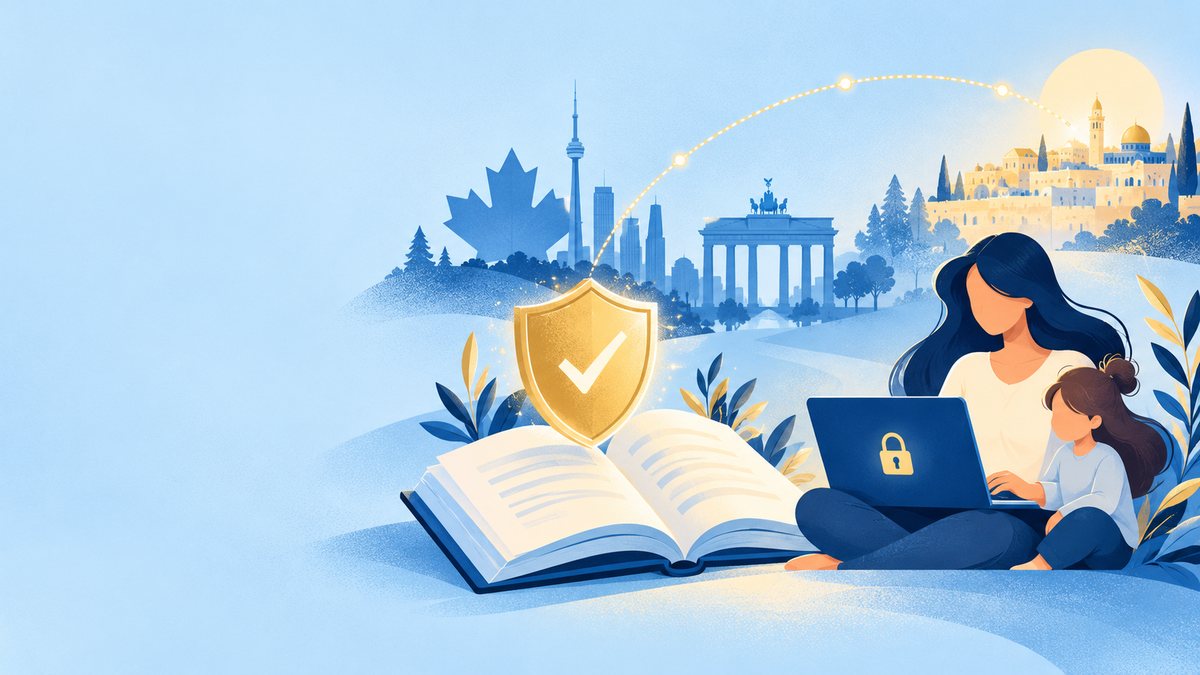 An open book with a golden shield, a mother and child with a laptop showing a padlock, a maple leaf, the CN Tower and the Brandenburg Gate, and a golden arc to Jerusalem