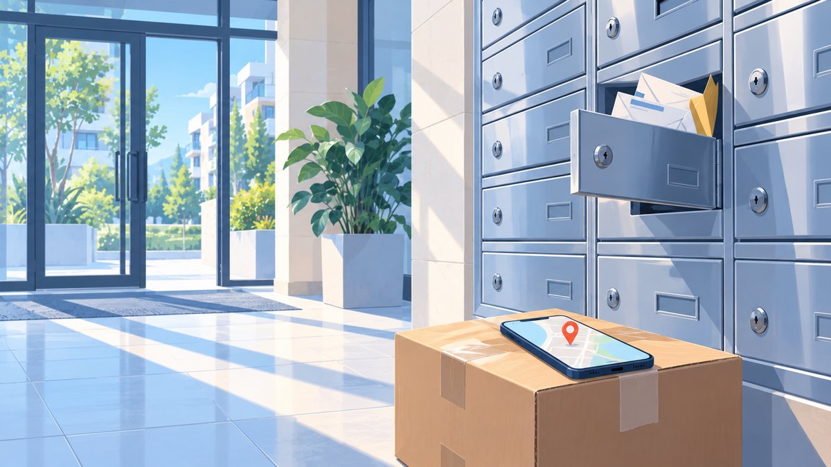 Mailboxes in a building lobby, letters in one of them, a parcel and a phone with a map pin