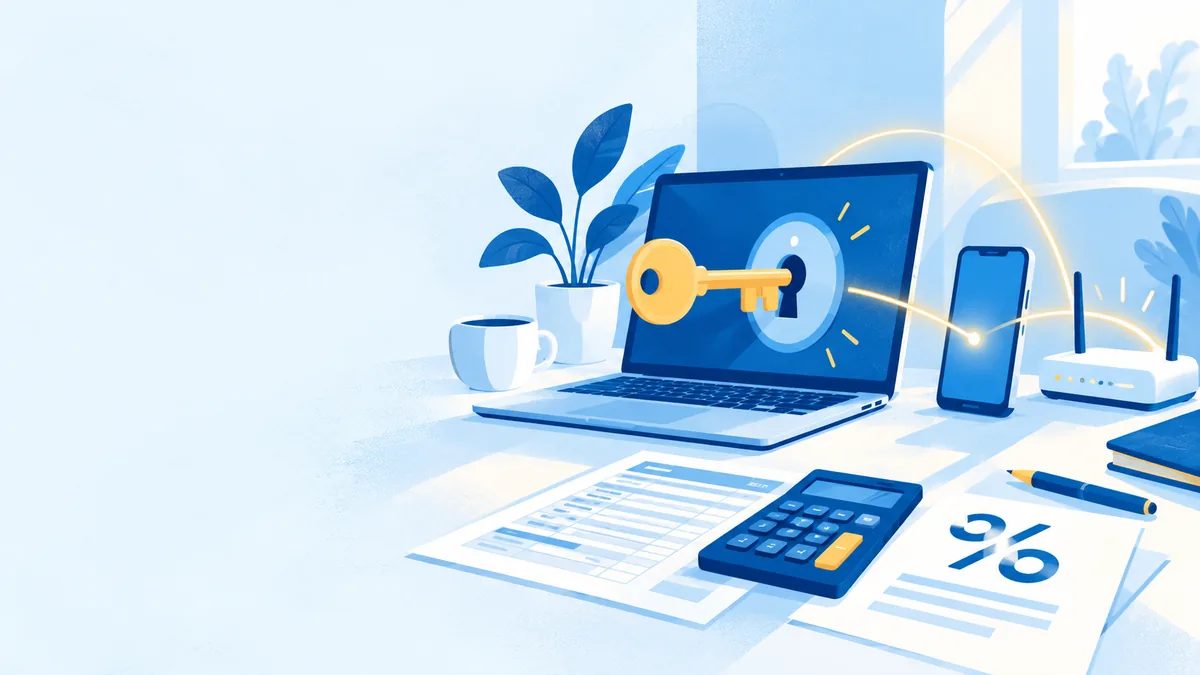 A desk with a tax form, a calculator and a percent sign; a key unlocks the laptop screen