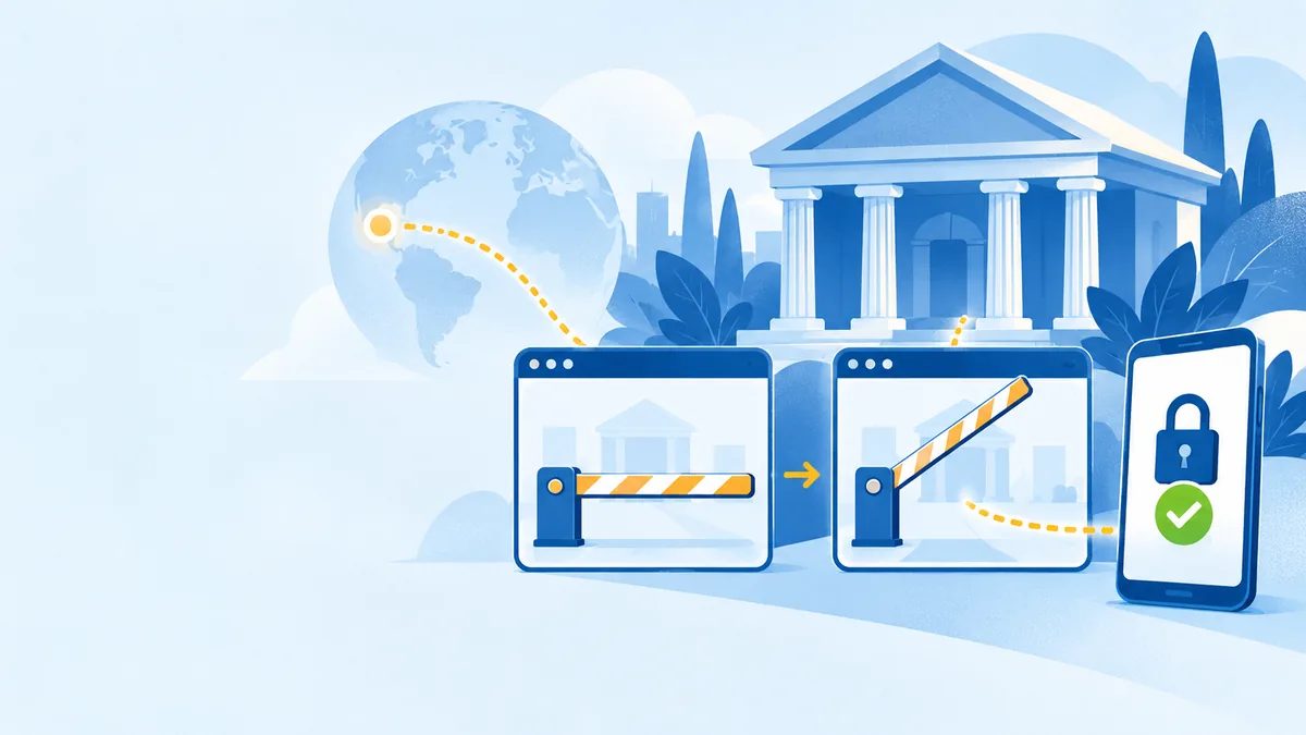 A dotted line from a globe passes a closed and then a raised barrier to a bank building and a phone with a padlock