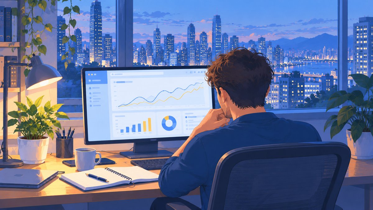 A person in a home office at a monitor with charts, an evening city outside