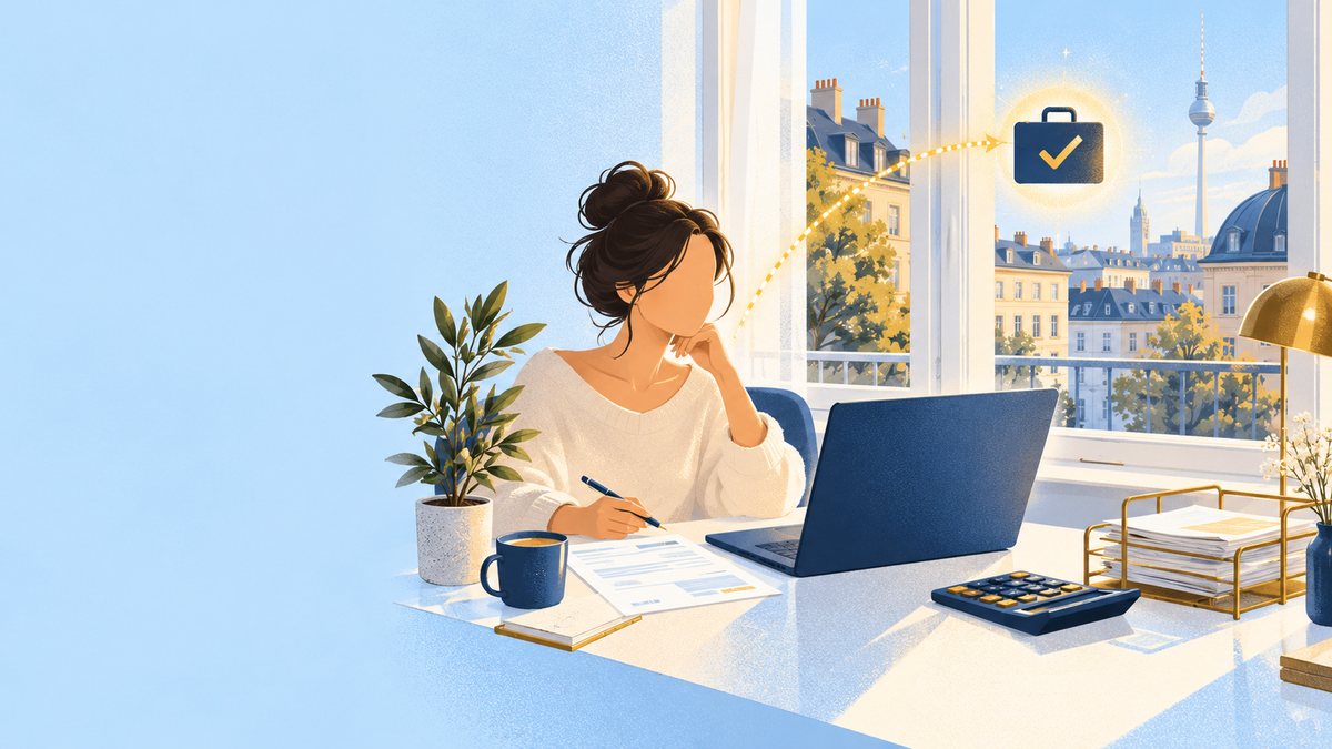 A woman fills in papers at a desk with a laptop and a calculator by a window overlooking Berlin, and a golden arc leads to a briefcase with a check mark