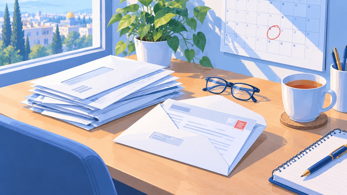 A stack of official letters, a stamped envelope, a calendar with a circled date and tea