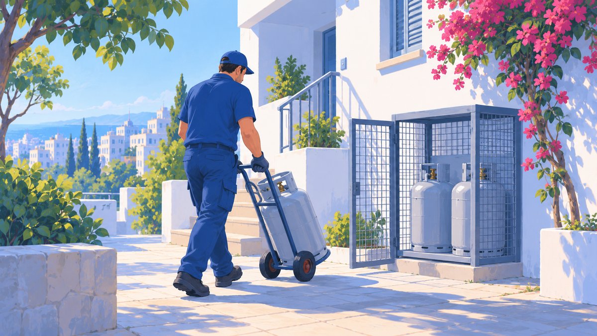 A worker wheeling a gas cylinder on a hand truck to the gas cage of a building