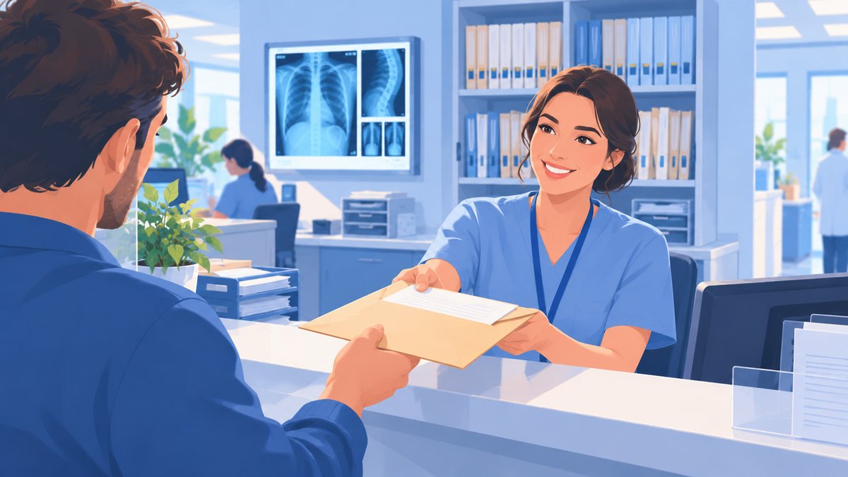 A hospital medical records clerk handing an envelope to a visitor