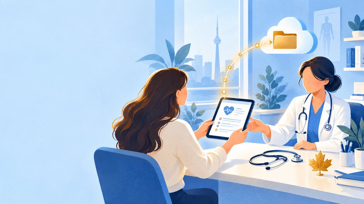 A patient shows a doctor a medical summary on a tablet in a clinic with the Toronto skyline outside, and a golden arc leads to a folder in the cloud