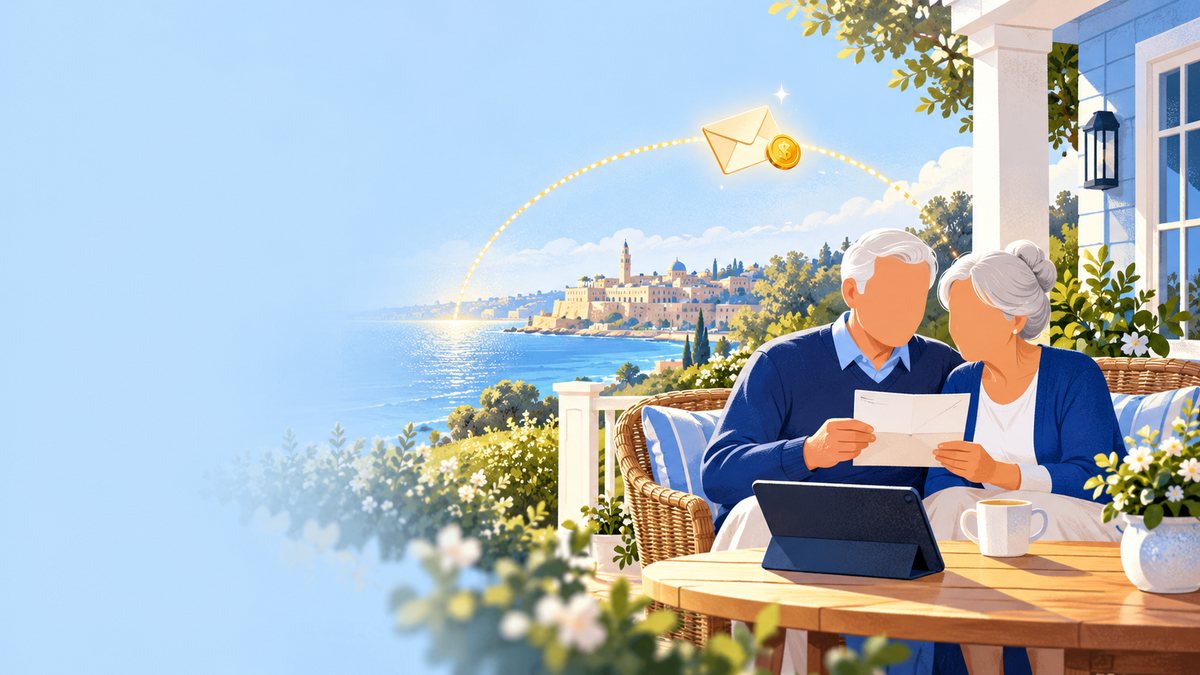 An elderly couple reads a letter on a sunny porch with a tablet on the table, while an envelope with a coin flies along a golden arc from across the sea