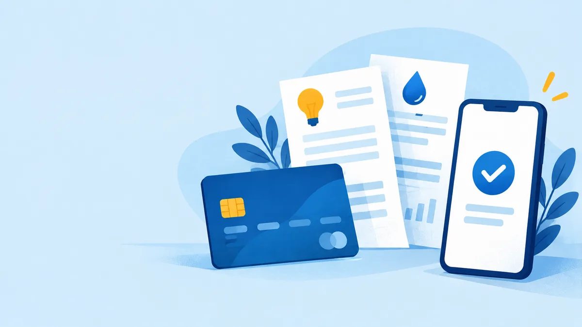 A bank card, electricity and water bills, and a phone showing a payment confirmation