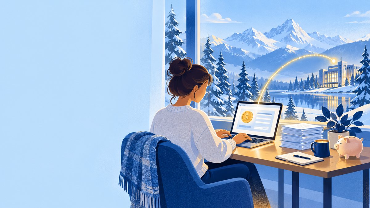 A woman works on a laptop with a coin on the screen by a window with snowy mountains and pines, next to payslips and a piggy bank, with a golden arc to an office building