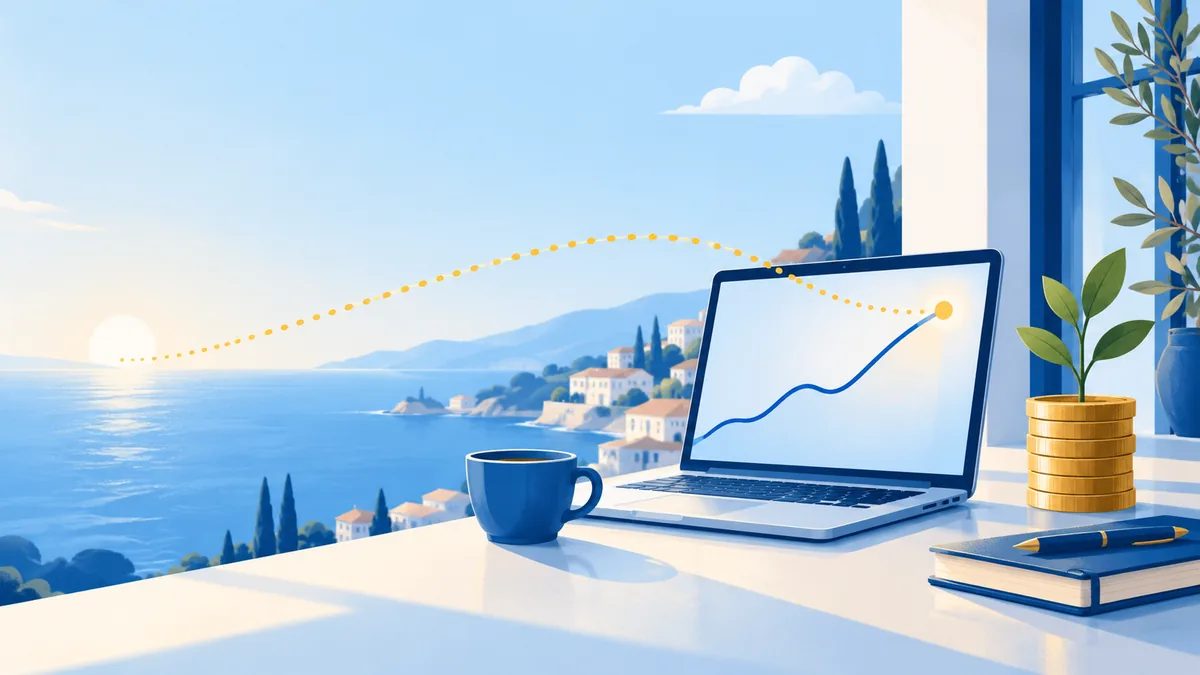 A laptop with a rising line, a sprout growing from a stack of coins and a sea view at sunrise