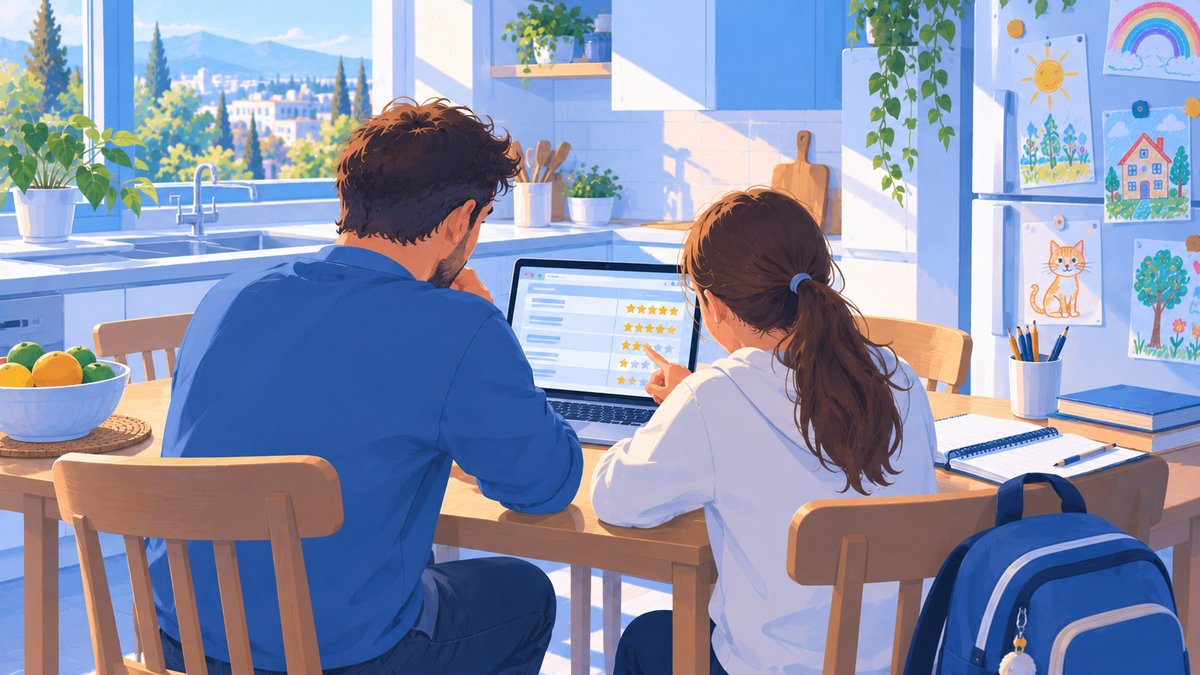 A parent and a child looking at grades on a laptop at the kitchen table