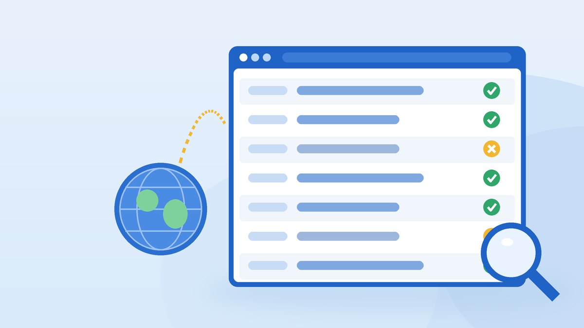 A browser window with a table of websites marked with green ticks and orange crosses, a globe and a magnifying glass