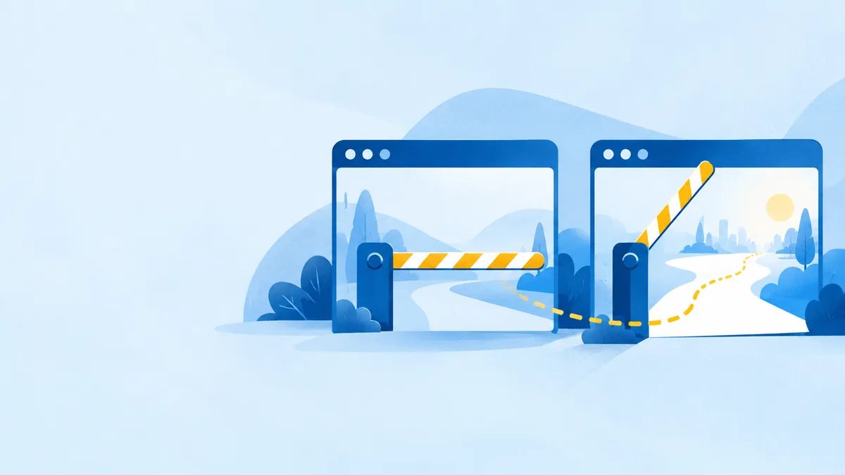 Two browser windows: a closed barrier in the first, a raised barrier and an open path in the second