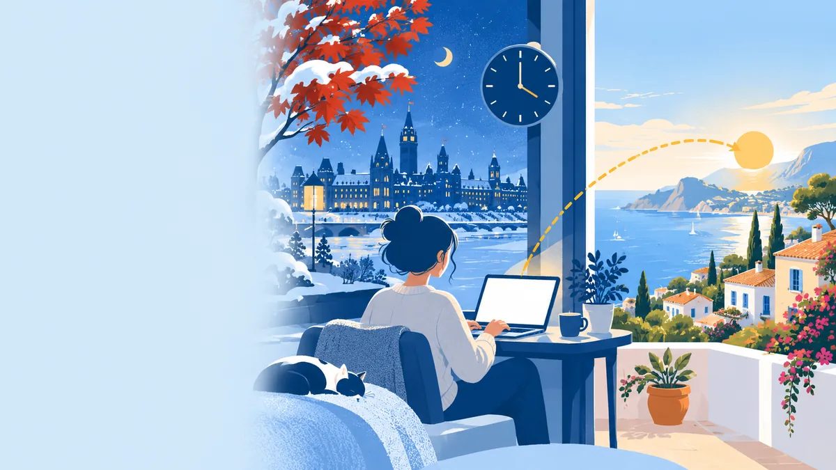 A woman at a laptop on a snowy night; a dotted line leads to a sunny morning Mediterranean coast