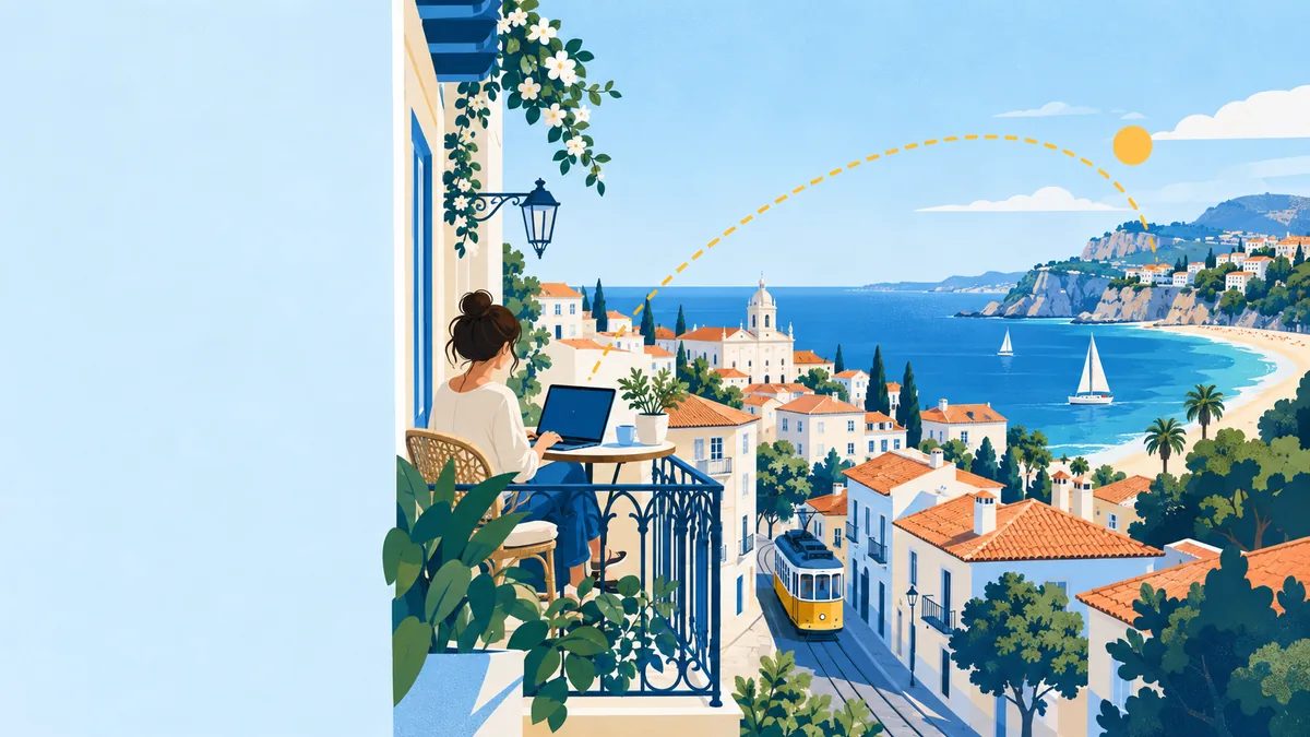A woman with a laptop on a balcony above a tram street; a dotted line arcs toward the sea