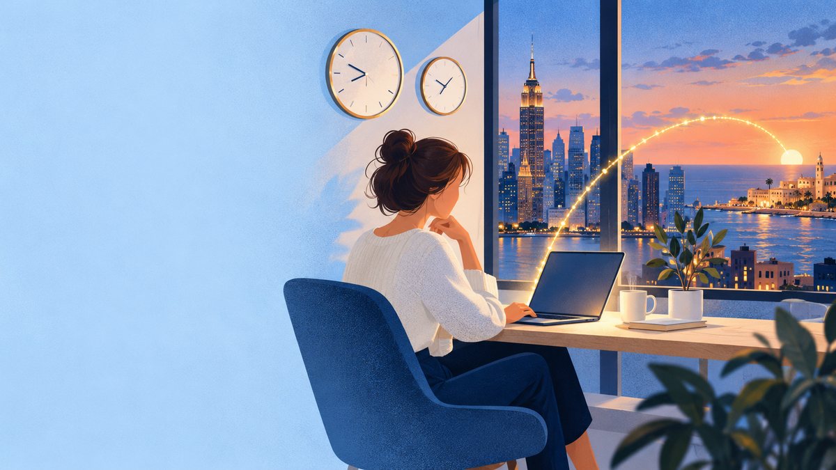 A woman works on a laptop by a window with the New York skyline, two wall clocks show different times and a golden arc leads to a sunset over the sea