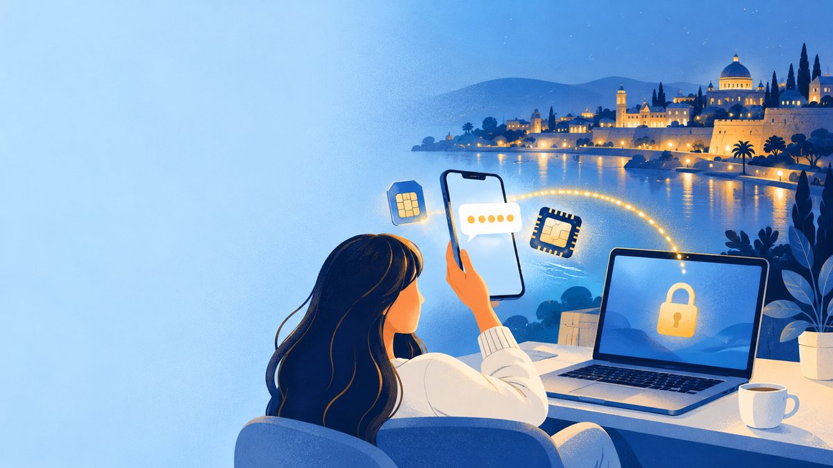 A woman holds a phone with a code message, a SIM card and an eSIM chip float beside it, and a golden arc links the phone to a laptop with a padlock