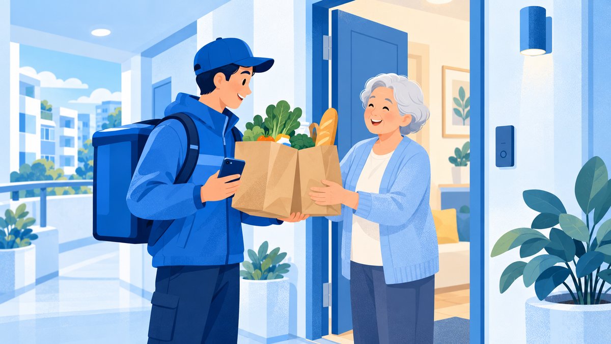 A courier handing grocery bags to an elderly woman at her apartment door