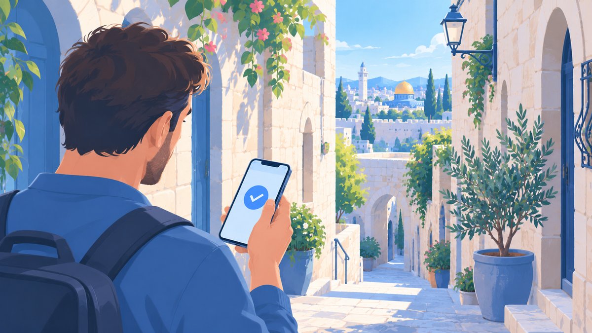A person with a phone in a Jerusalem stone alley, a check mark on the screen