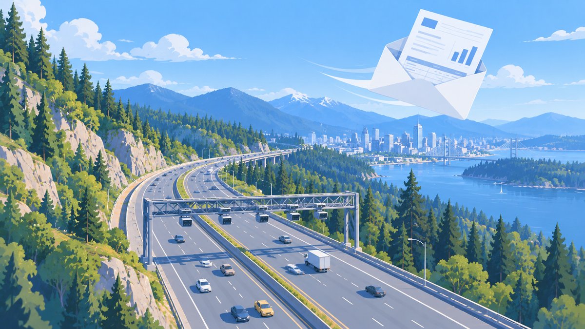 A highway through green hills with a toll gantry and an envelope with a bill in the sky