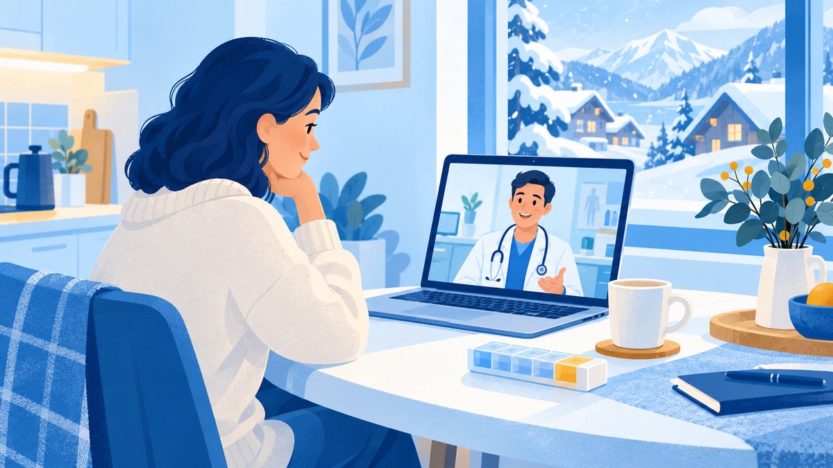 A woman at a kitchen table on a video call with a doctor, snow outside the window