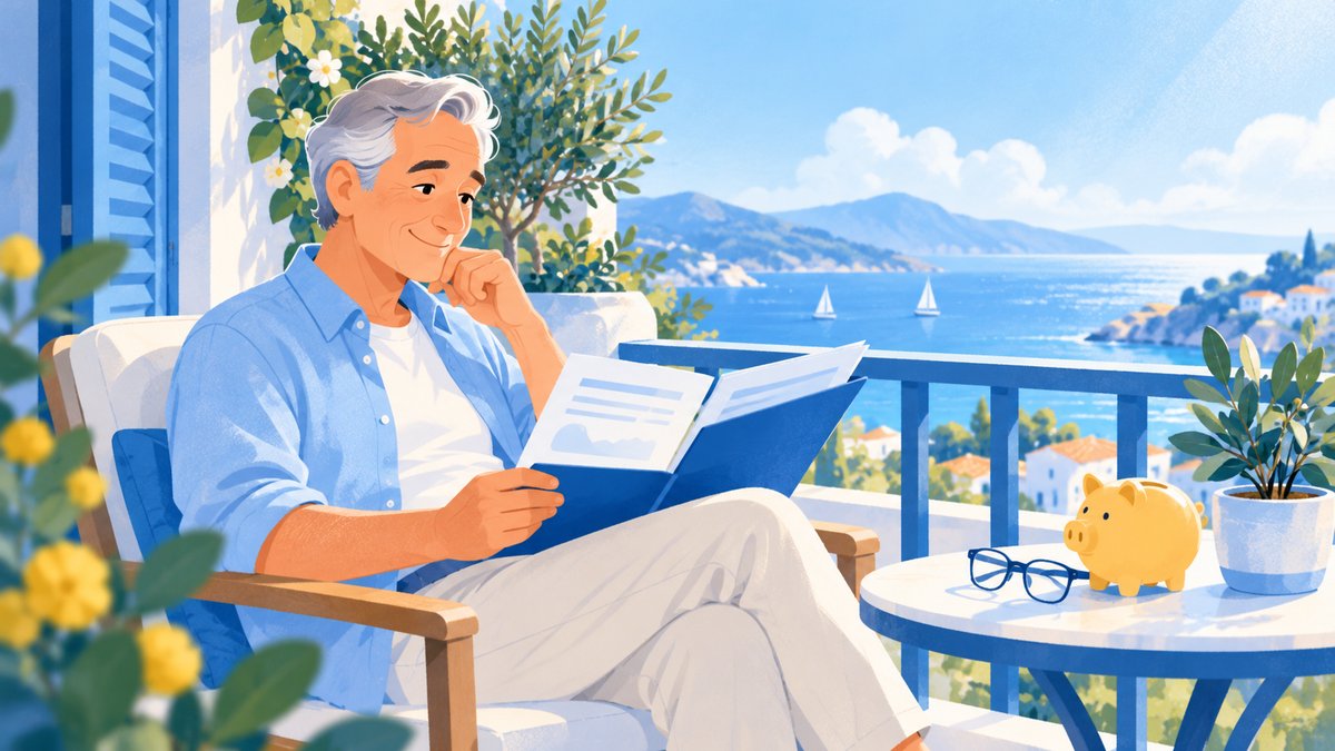 An older man on a balcony reading a folder of pension statements, the sea in the distance