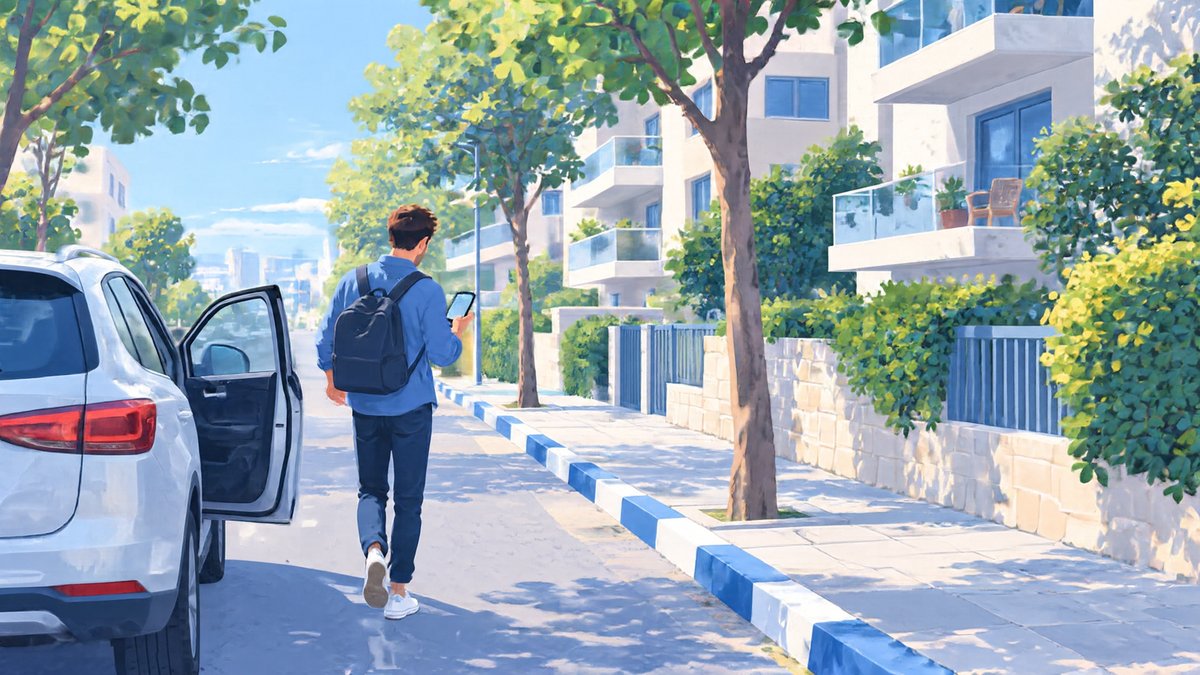 A person with a phone walking away from a parked car, a blue-and-white striped curb