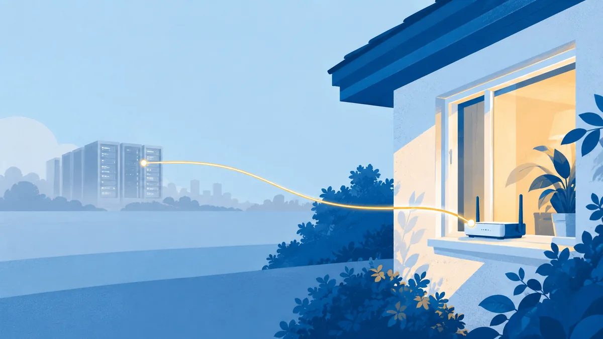 A glowing line connects a home router on a windowsill, with a data centre fading in the distance