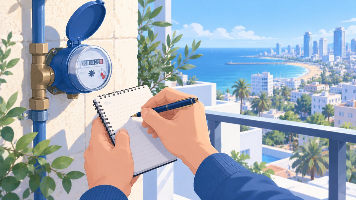 A hand noting a water meter reading on a balcony, a seaside city behind