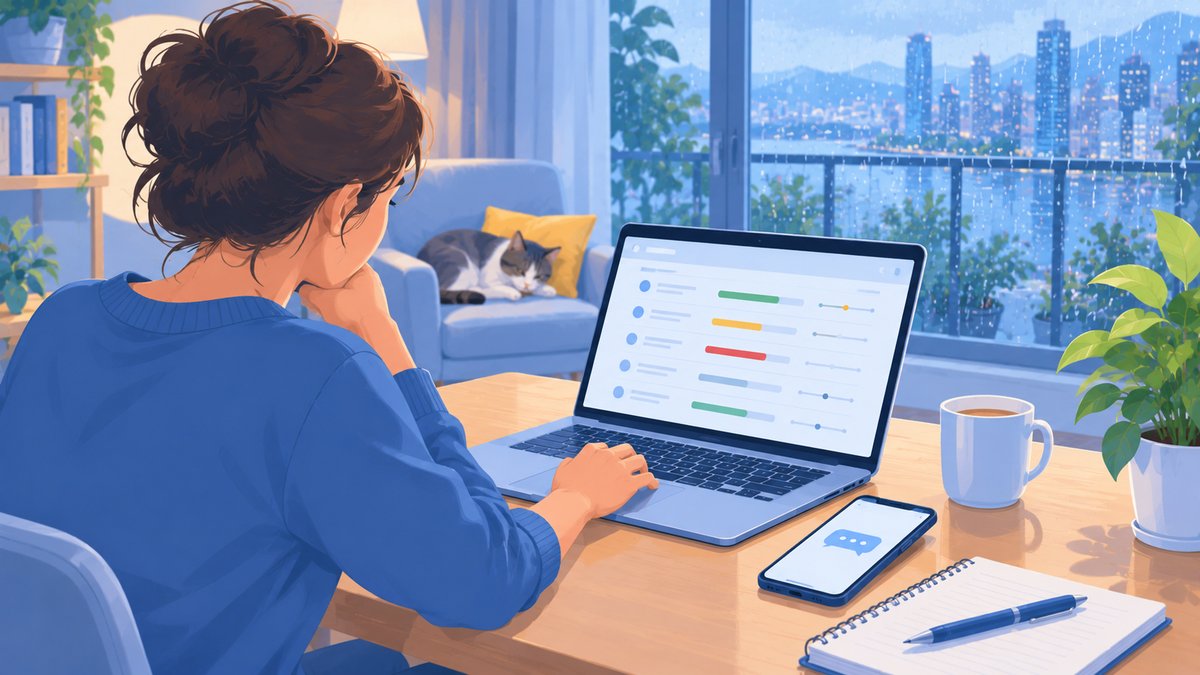 A woman at home viewing lab results on a laptop, a phone with a message beside it