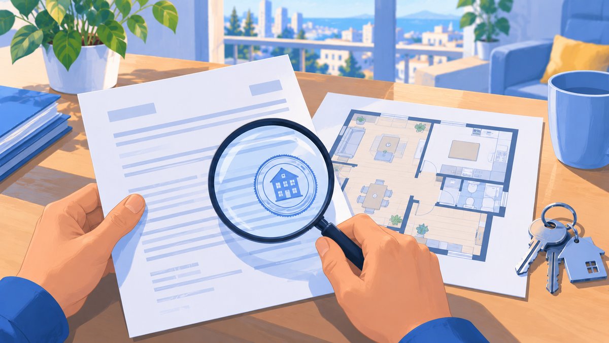 A magnifying glass over a property document and a floor plan, keys beside them