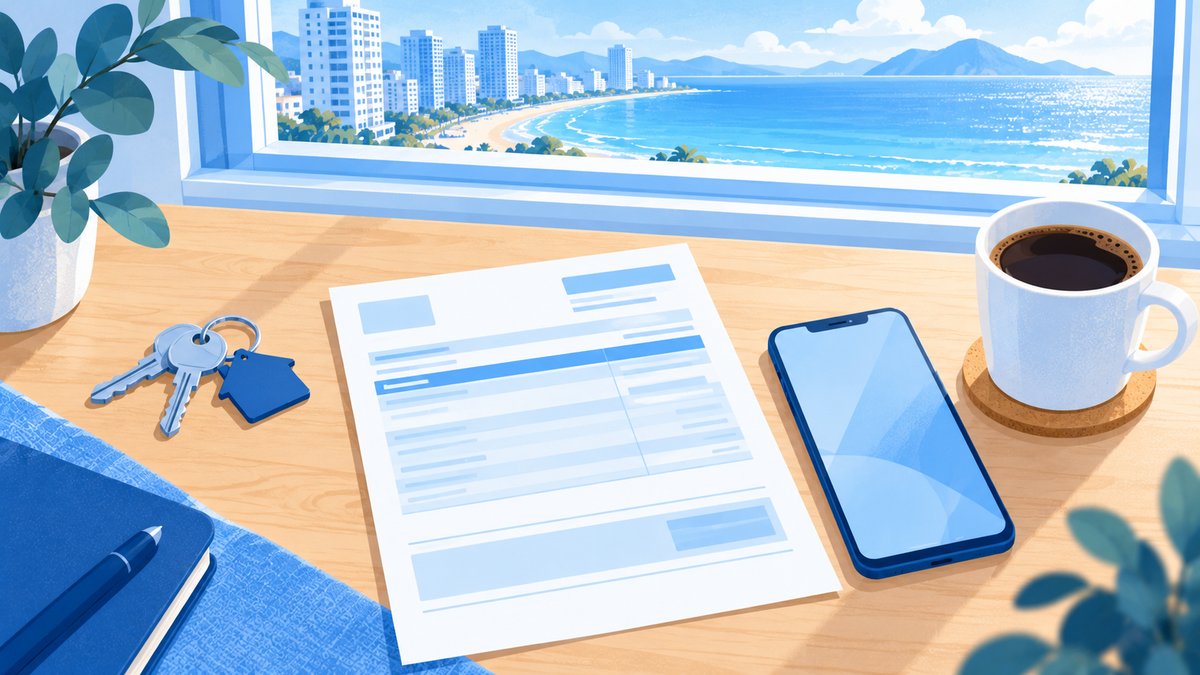 A bill, a phone, keys and coffee on a desk by a window overlooking the beach and towers