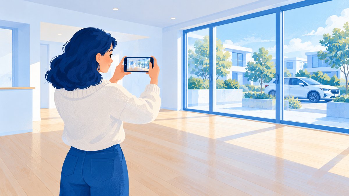 A woman photographing an empty bright apartment with her phone, a car outside the window