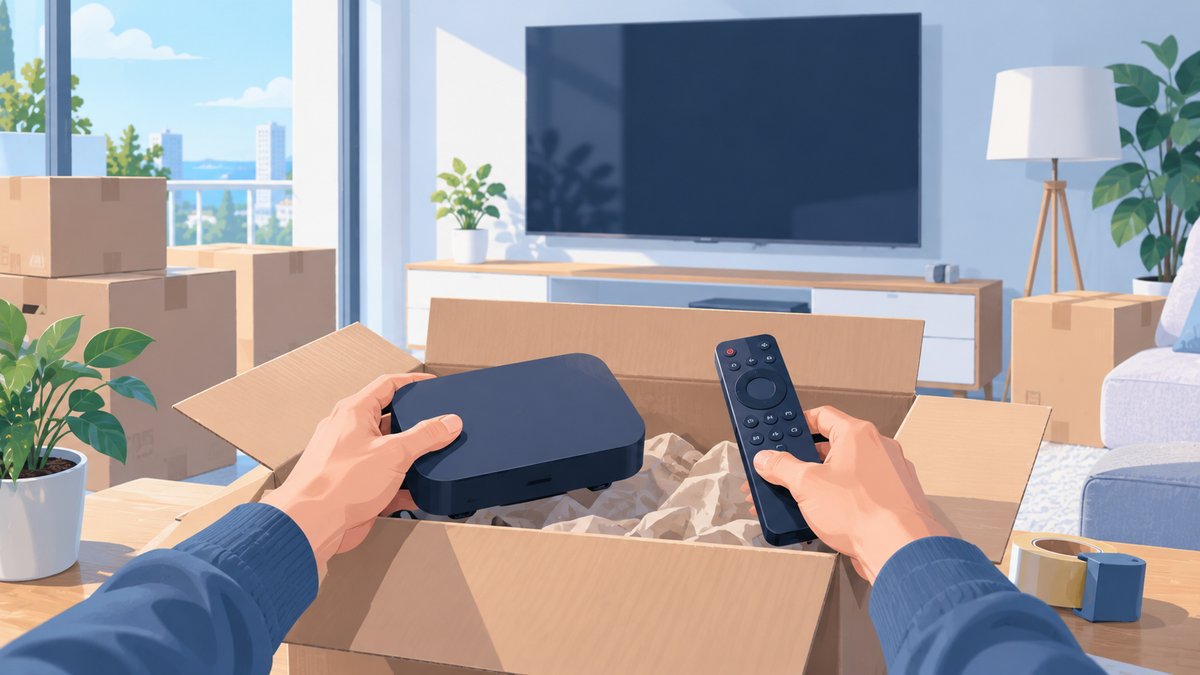 Hands packing a set-top box and a remote into a box, a TV on the wall, moving boxes around