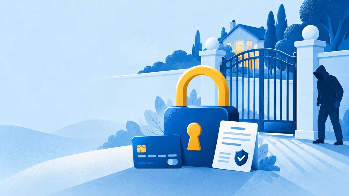 A padlock guards a bank card and a document, while a hooded figure waits outside a closed gate
