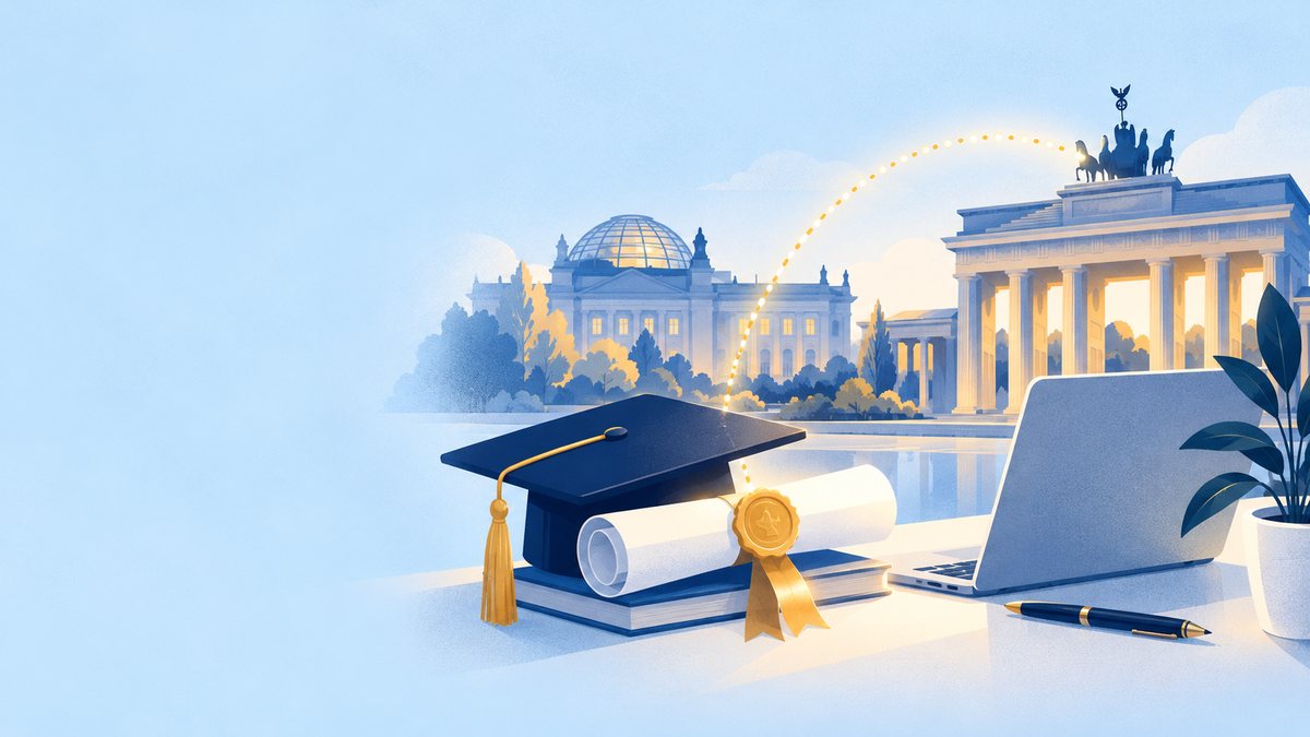 A graduation cap and a rolled diploma with a golden seal on a desk, with a golden arc leading to the Brandenburg Gate and the Reichstag in Berlin
