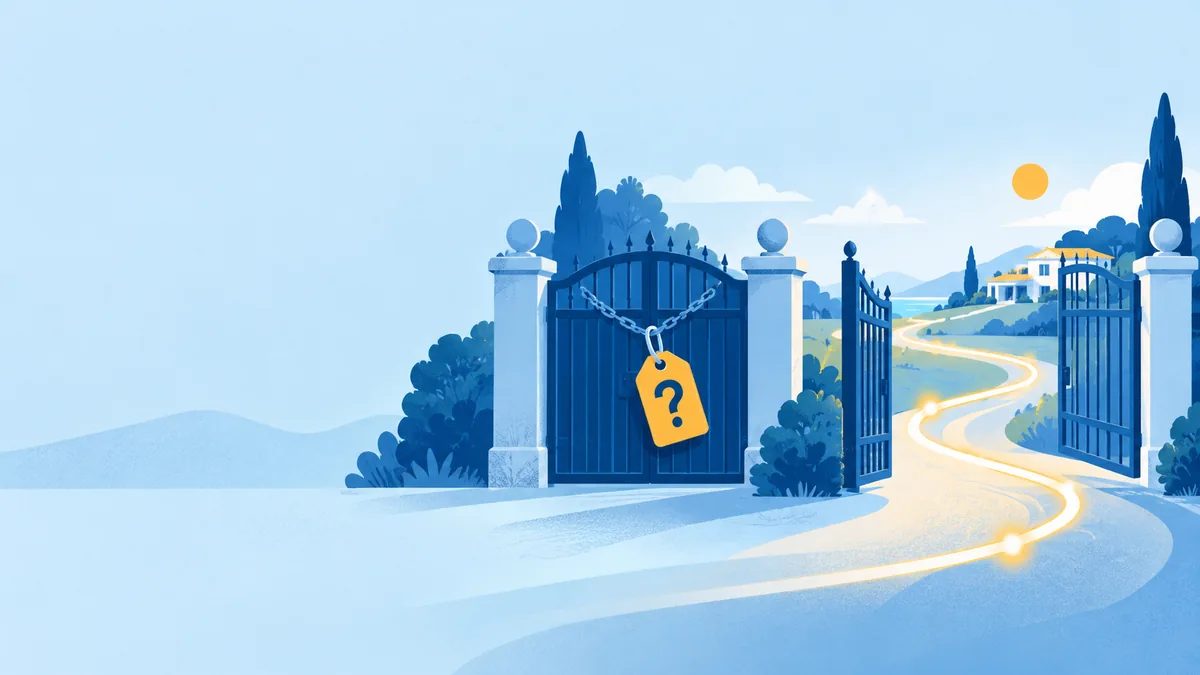 A locked gate with a question-mark price tag next to open gates with a glowing path