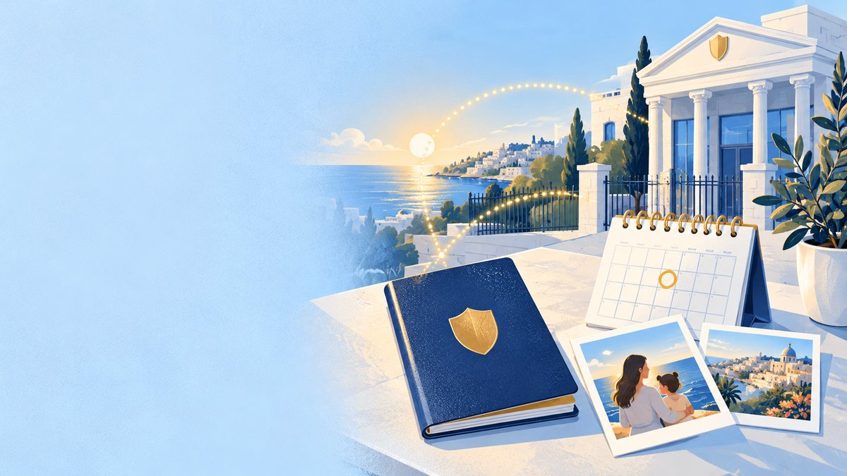 A blue passport with a golden shield next to a calendar with a marked day and two photos, in front of a consulate building with columns by the sea