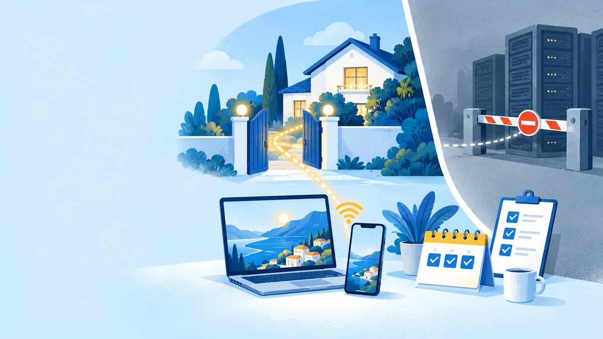 A laptop and phone connected to a home, a three-day calendar and a ticked checklist